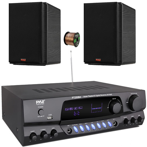 Pyle PT250BA 200 Watts FM/USB Wireless BT Streaming Home Theater Amplifier Receiver, 2x 5.25” 200 Watts Max Power 2-Way HiFi Home Theater Bookshelf Black Speakers, 50 Feet 16 Gauge Speaker Wire