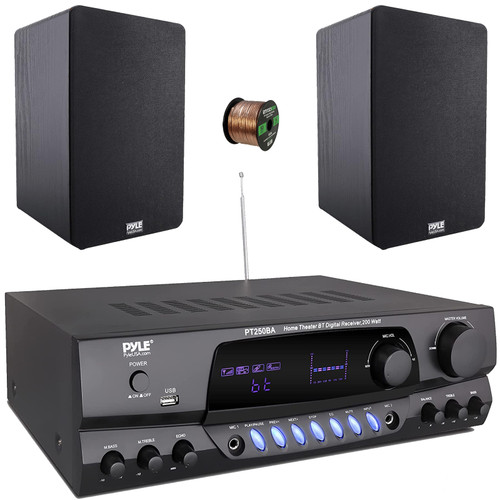 Pyle PT250BA 200 Watts FM/USB Wireless BT Streaming Home Theater Amplifier Receiver, 2x 6.5'' 240 Watt Max Power Home Theater Wooden Bookshelf Black Speakers, 50 Feet 16 Gauge Speaker Wire