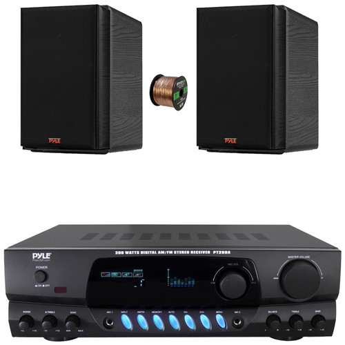 Pyle PT260A Digital Display Screen 200 Watts Digital AM/FM Radio Home Audio Amplifier Stereo Receiver, 2x 5.25” 200W Max Power 2-Way HiFi Home Theater Bookshelf Black Speakers, 50 Feet Speaker Wire