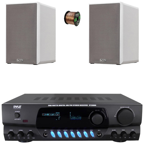 Pyle PT260A Digital Display Screen 200 Watts Digital AM/FM Radio Home Audio Amplifier Stereo Receiver, 2x 6.5” 240W Max Power 2-Way HiFi Home Theater Bookshelf White Speakers, 50 Feet Speaker Wire