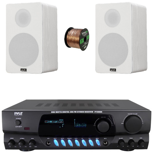 Pyle PT260A Digital Display Screen 200 Watts Digital AM/FM Radio Home Audio Amplifier Stereo Receiver, 2x 6.5” 240W Peak Power 2-Way HiFi Home Theater Bookshelf White Speakers, 50 Feet Speaker Wire