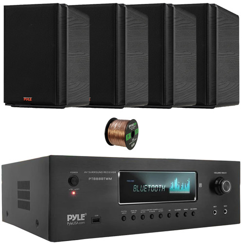 Pyle PT888BTWM 5.2-Ch MP3/USB/AM/FM Radio 1000 Watt MAX Wireless BT Streaming Home Theater Amplifier Receiver, 2x 5.25” 200W Max Power 2-Way HiFi Home Theater Bookshelf Black Speakers, Speaker Wire