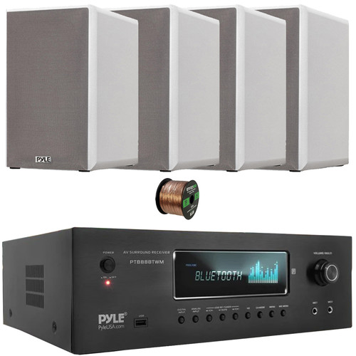 Pyle PT888BTWM 5.2-Ch MP3/USB/AM/FM Radio 1000 Watt MAX Wireless BT Streaming Home Theater Amplifier Receiver, 4x 5.25” 200W Max Power 2-Way HiFi Home Theater Bookshelf White Speakers, Speaker Wire