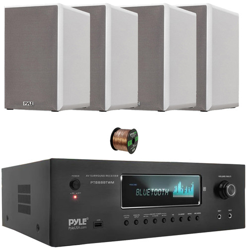 Pyle PT888BTWM 5.2-Ch MP3/USB/AM/FM Radio 1000 Watt MAX Wireless BT Streaming Home Theater Amplifier Receiver, 4x 6.5” 240 Watt Max Power 2-Way HiFi Home Theater Bookshelf White Speakers, Speaker Wire