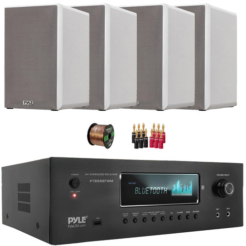Pyle PT888BTWM 5.2-Ch MP3/USB/AM/FM Radio 1000 Watt MAX Wireless BT Streaming Home Theater Amplifier Receiver, 4x 6.5” 240W Max 2-Way HiFi Home Theater Bookshelf White Speakers, Wire, Banana Plugs