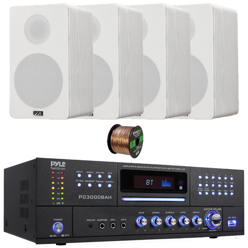 Pyle PD3000BAH 4-Channel 4000W Bluetooth USB FM Radio CD/DVD Player HDMI Home Audio Amplifier Receiver, 4x 6.5” 240W Peak Power 2-Way HiFi Home Theater Bookshelf White Speakers, 50 Feet Speaker Wire