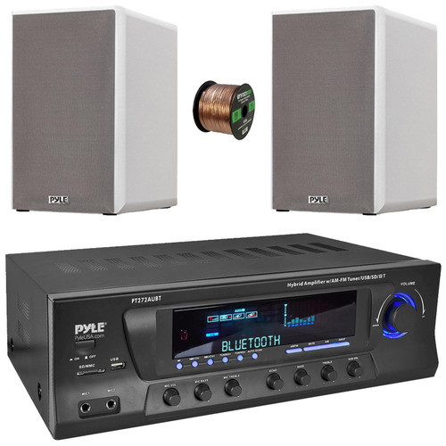 Pyle PT272AUBT High-Power 300 Watt Max AM/FM Radio Bluetooth Home Theater Amplifier Receiver, 2x 5.25” 200W Max Power 2-Way HiFi Home Theater Bookshelf White Speakers, 50 Feet 16 Gauge Speaker Wire
