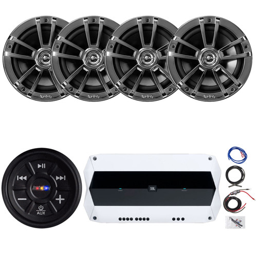 Metra IBR65 Waterproof Flush Mount AUX Bluetooth Audio Receiver, 4x 6.5" 225 Watt Peak Power High-Performance 2-Way Chrome Speaker, 4-Channel 1000W Peak Power Weather-Resistant Amplifier W/Kit