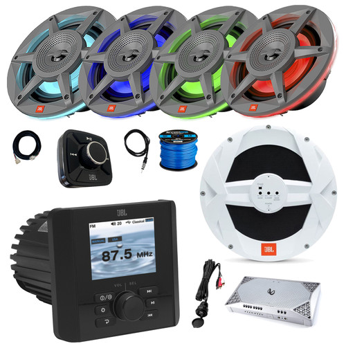 JBL JAM5000N Marine Gauge Style Bluetooth NMEA 2000 Radio Receiver w/Wired Remote + Extension, 4x 6.5" 300W 2-Way LED Speakers (Gray), 10" Subwoofer, 4-Channel Amplifier, Antenna, Wire, USB Adapter
