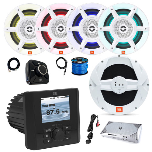 JBL JAM5000N Marine Gauge Style Bluetooth NMEA 2000 Radio Receiver w/Wired Remote + Extension, 4x 8" 500W 3-Way LED Speakers (White), 10" Subwoofer, 4-Channel Amplifier, Antenna, Wire, USB Adapter