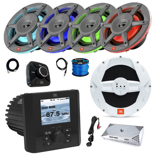 JBL JAM5000N Marine Gauge Style Bluetooth NMEA 2000 Radio Receiver w/Wired Remote + Extension, 4x 8" 500W 3-Way LED Speakers (Gray), 10" Subwoofer, 4-Channel Amplifier, Antenna, Wire, USB Adapter