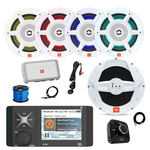 JBL R4500 Marine Bluetooth AM/FM WeatherBand Radio Receiver w/Wired Remote + Extension, 4x 8" 500W 3-Way LED Audio Speakers (White), 10" Subwoofer, 4-Channel Amplifier, Antenna, Wire, USB Adapter