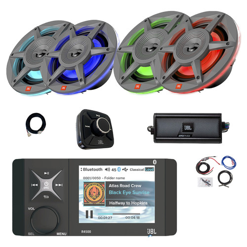 JBL R4500 4" Color Screen Marine Bluetooth AM/FM WeatherBand Radio Receiver w/Wired Remote + Extension, 2x 6.5" 300W Multicolor LED + 2x 8" 500W LED Outdoor Speakers (Gray), 4-Channel Amplifier w/Kit