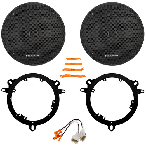 2x Blaupunkt BPS-XS650 6.5" 70 Watt Max Power 3-Way Slim Design Car Audio Speakers, 2x 6" to 6.75" Speaker Adapter Plates, Speaker Connector, Removal Pry Tool (Bundle Fits for Select Toyota Vehicles)