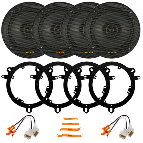4x Kicker KSC650 6.5" 200W Max 2-Way Thin-Mount Car Audio Speakers, 4x 6" to 6.75" Speaker Adapter Plates, 2x Speaker Connector, Removal Pry Tool (Bundle Fits Select for Select Toyota Vehicles)