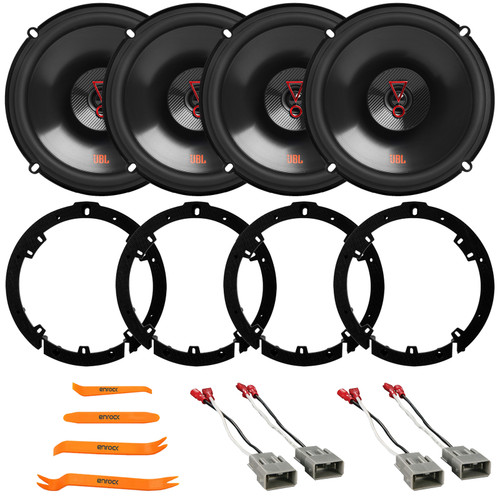 4x JBL Stage3 627F 6.5" 225 Watt Max 2-Way Car Audio Speakers (Without Grilles), 4x 6" to 6.75" Speaker Plate Adapters, 2x Speaker Connector, Removal Pry Tool (Fits Honda and Acura Vehicles 1991-up)