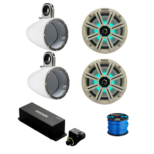 1 Pair (Qty 2) of Kicker 8" 300 Watt Max Marine Multicolor LED Audio Speakers, White Grilles, 2x 8" Single Speaker Enclosure (White), Wired Controller w/ Wire