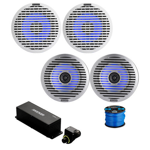 2 Pair (Qty 4) of Kicker KM614FL 6.5" 130 Watt Max Thin-Mount Marine Multicolor LED Audio Speakers, White and Silver Grilles, Wired Controller w/ Wire