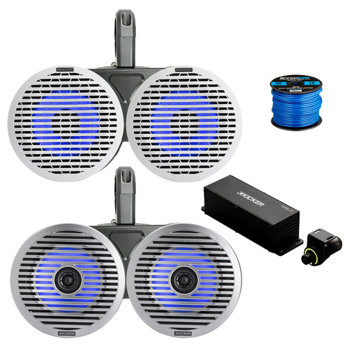 2 Pair (Qty 4) of Kicker KM614FL 6.5" 130 Watt Max Thin-Mount Marine Multicolor LED Audio Speakers, White and Silver Grilles, 2x 6.5" Dual Speaker Enclosure (Black), Wired Controller w/ Wire