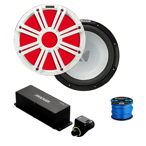 Kicker 45KM104 10" 350 Watt Max Marine Subwoofer, 10" Multicolor LED Grilles (White), Wired Controller w/ Wire