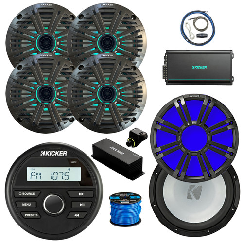 Kicker 46KMC2 Marine Gauge Style BT Receiver, 4x 6.5" 195W Multicolor LED Audio Speakers, Charcoal Salt Water Grilles, Amp w/Kit, 10" Subwoofer, 10" LED Grille (Charcoal), Wired Controller w/Wire
