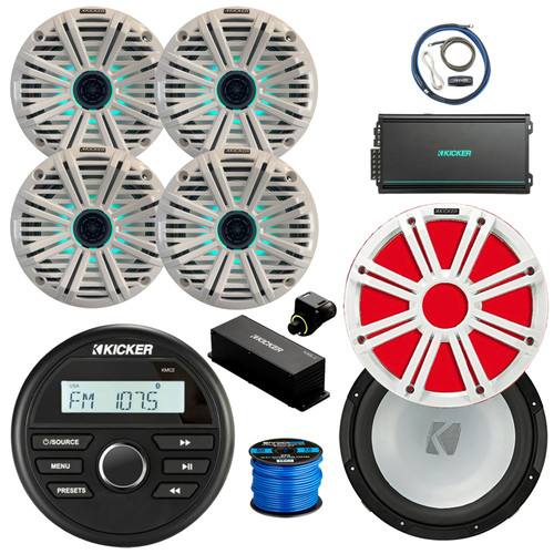 Kicker 46KMC2 Marine Gauge Style BT Receiver, 4x 6.5" 195W Multicolor LED Audio Speakers, White Salt Water Grilles, Amp w/Kit, 10" Subwoofer, 10" Multicolor LED Grille (White), Wired Controller w/Wire