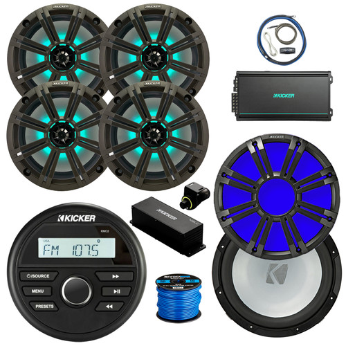 Kicker 46KMC2 Marine Gauge Style BT Receiver, 8" 300W Multicolor LED Speakers, Charcoal Grilles (QTY 4), Amp w/Kit, 10" Subwoofer, 10" Multicolor LED Grille (Charcoal), Wired Controller w/ Wire