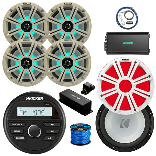 Kicker 46KMC2 Marine Gauge Style BT Receiver, 8" 300W Multicolor LED Speakers, White Grilles (QTY 4), Amplifier w/Kit, 10" Subwoofer, 10" Multicolor LED Grille (White), Wired Controller w/ Wire