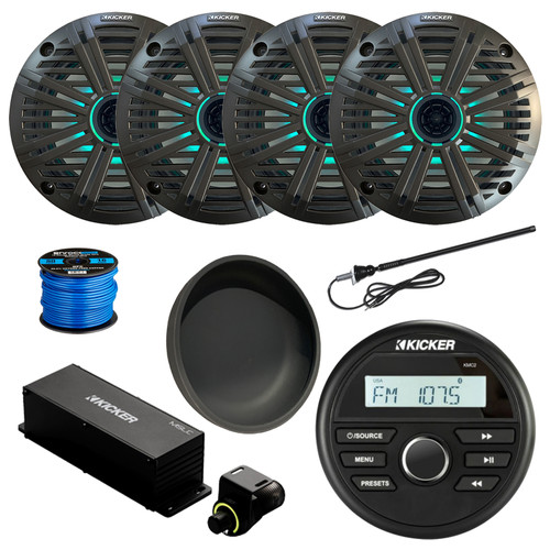 Kicker 46KMC2 Marine Gauge Style Bluetooth AM/FM Receiver, Cover, 4x 6.5" 195 Watt Max Multicolor LED Audio Speakers, Charcoal Salt Water Grilles, Wired Controller, Antenna w/ Wire