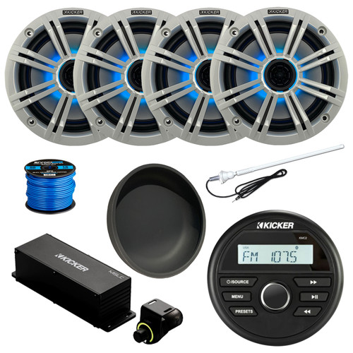 Kicker 46KMC2 Marine Gauge Style Bluetooth AM/FM Receiver, Cover, 4x 6.5" 195 Watt Max Multicolor LED Audio Speakers, White Grilles, Wired Controller, Antenna w/ Wire