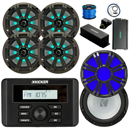 Kicker 46KMC3 Marine Gauge Style Bluetooth Receiver, 8" 300W Multicolor LED Speakers, Charcoal Grilles (QTY 4), Amp w/Kit, 10" Subwoofer, 10" Multicolor LED Grille (Charcoal), Wired Controller w/ Wire
