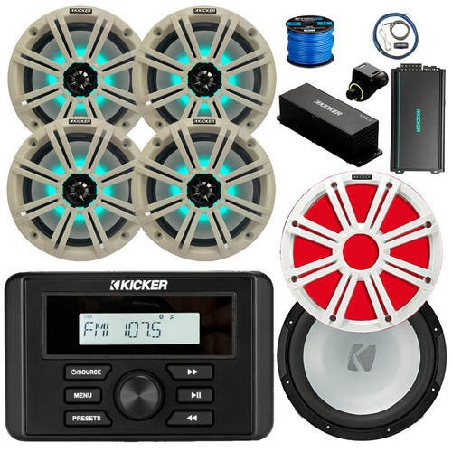 Kicker 46KMC3 Marine Gauge Style Bluetooth Receiver, 8" 300W Multicolor LED Speakers, White Grilles (QTY 4), Amplifier w/Kit, 10" Subwoofer, 10" Multicolor LED Grille (White), Wired Controller w/ Wire