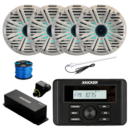 Kicker 46KMC3 Marine Gauge-Style Bluetooth Digital Media Receiver, 4x 6.5" 195 Watt Multicolor LED Audio Speakers, White Salt Water Grilles, Wired Controller, Antenna w/ Wire