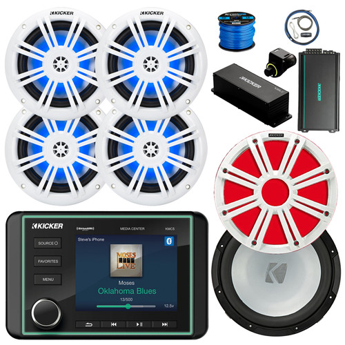 Kicker 46KMC5 Marine Bluetooth Gauge Style AM/FM/WB Receiver, 4x 6.5" 150W Multicolor LED Speaker (White), Amplifier w/Kit, 10" Subwoofer, 10" Multicolor LED Grille (White), Wired Controller w/Wire
