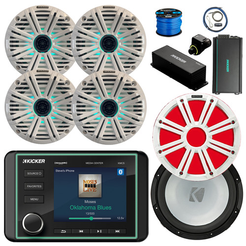 Kicker 46KMC5 Marine BT Gauge Style AM/FM/WB Receiver, 4x 6.5" 195W Multicolor LED Speakers, White Salt Water Grilles, Amp w/Kit, 10" Subwoofer, 10" LED Grille (White), Wired Controller w/Wire
