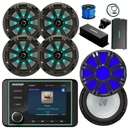 Kicker 46KMC5 Marine Bluetooth Gauge Style AM/FM/WB Receiver, 8" 300W Multicolor LED Speakers, Charcoal Grilles (QTY 4), Amp w/Kit, 10" Subwoofer, 10" LED Grille (Charcoal), Wired Controller w/Wire