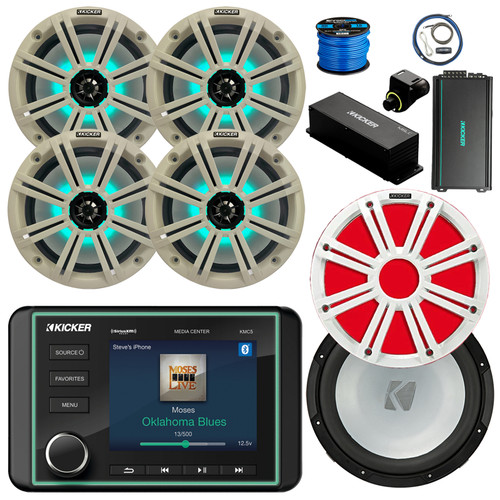 Kicker 46KMC5 Marine Bluetooth Gauge Style AM/FM/WB Receiver, 8" 300W Multicolor LED Speakers, White Grilles (QTY 4), Amplifier w/Kit, 10" Subwoofer, 10" LED Grille (White), Wired Controller w/Wire