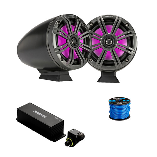1 Pair (Qty 2) of Kicker 46KMFC65 6.5" 195 Watt Max Marine Multicolor LED Black Tower Speakers w/Charcoal Grilles, Wired Controller, Wire
