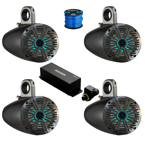 2 Pair (Qty 4) of Kicker 6.5" 195 Watt Max Marine Multicolor LED Audio Speakers, Charcoal Salt Water Grilles, 4x 6.5" Single Speaker Enclosure (Black), Wired Controller w/ Wire