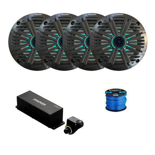 2 Pair (Qty 4) of Kicker 6.5" 195 Watt Max Marine Multicolor LED Audio Speakers, Charcoal Salt Water Grilles, Wired Controller w/ Wire