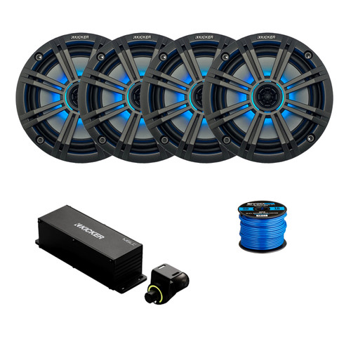 2 Pair (Qty 4) of Kicker 6.5" 195 Watt Max Marine Multicolor LED Audio Speakers, Charcoal Grilles, Wired Controller w/ Wire