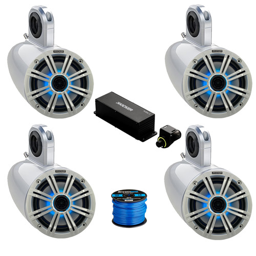 2 Pair (Qty 4) of Kicker 6.5" 195 Watt Max Marine Multicolor LED Audio Speakers, White Grilles, 4x 6.5" Single Speaker Enclosure (White), Wired Controller w/ Wire