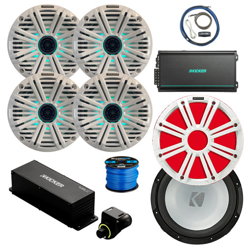 Kicker 6.5" 195 Watt Max Marine Multicolor LED Audio Speakers, White Salt Water Grilles (Qty 4), Amplifier w/Kit, 10" Subwoofer, 10" Multicolor LED Grilles (White), Wired Controller w/ Wire