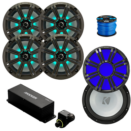 Kicker 8" 300 Watt Max Marine Multicolor LED Audio Speakers, Charcoal Grilles (QTY 4), 10" 350W Subwoofer, 10" Multicolor LED Grilles (Charcoal), Wired Controller w/ Wire