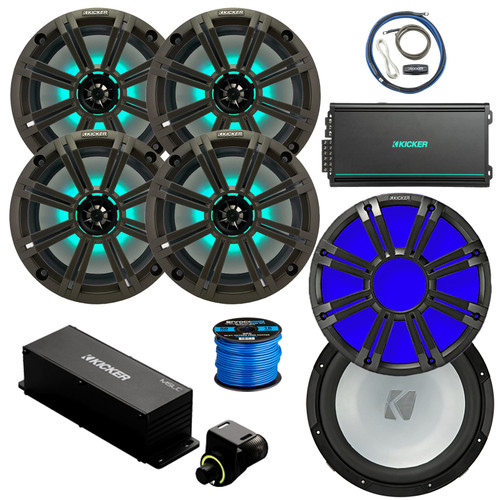 Kicker 8" 300 Watt Max Marine Multicolor LED Audio Speakers, Charcoal Grilles (QTY 4), Amplifier w/Kit, 10" Subwoofer, 10" Multicolor LED Grilles (Charcoal), Wired Controller w/ Wire