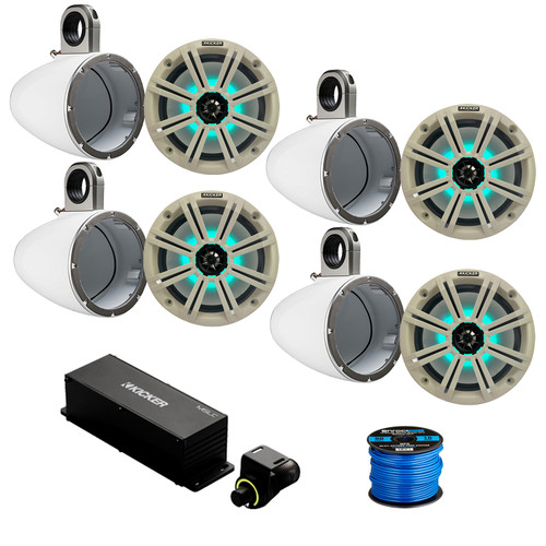 2 Pair (Qty 4) of Kicker 8" 300 Watt Max Marine Multicolor LED Audio Speakers, White Grilles, 4x 8" Single Speaker Enclosure (White), Wired Controller w/ Wire