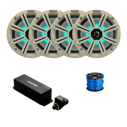 2 Pair (Qty 4) of Kicker 8" 300 Watt Max Marine Multicolor LED Audio Speakers, White Grilles, Wired Controller w/ Wire