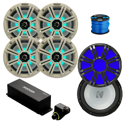 Kicker 8" 300 Watt Max Marine Multicolor LED Audio Speakers, White Grilles (QTY 4), 10" 350W Subwoofer, 10" Multicolor LED Grilles (Charcoal), Wired Controller w/ Wire