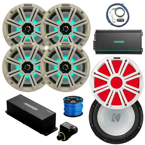 Kicker 8" 300 Watt Max Marine Multicolor LED Audio Speakers, White Grilles (QTY 4), Amplifier w/Kit, 10" Subwoofer, 10" Multicolor LED Grilles (White), Wired Controller w/ Wire