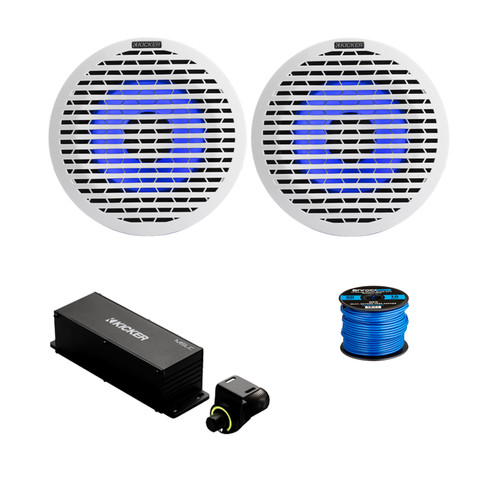 1 Pair (Qty 2) of Kicker KM614FL 6.5" 130 Watt Max Thin-Mount Marine Multicolor LED Audio Speakers, White and Silver Grilles, Wired Controller w/ Wire